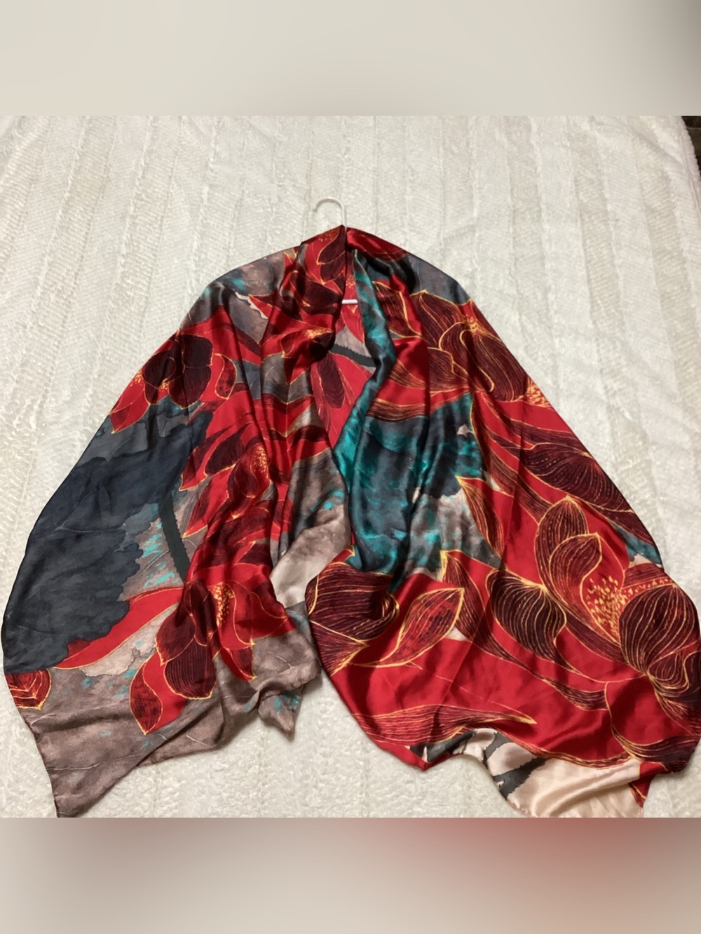 Wrapables Silk Like Satin Polyester Large Scarf Wrap, Red Lotus Colorful Scarf
